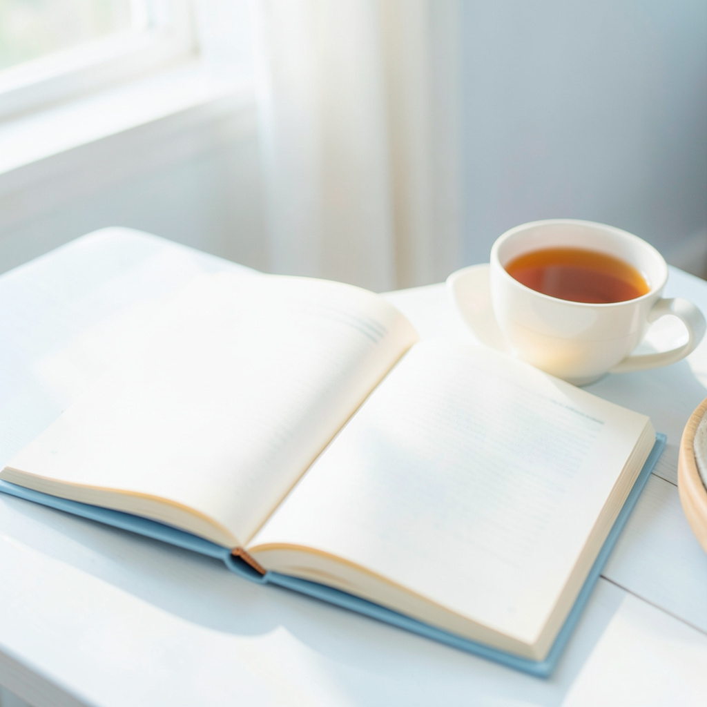 A bright, airy high-key photograph of an open journal and a soft cup of tea on a sunlit table, with warm cream highlights