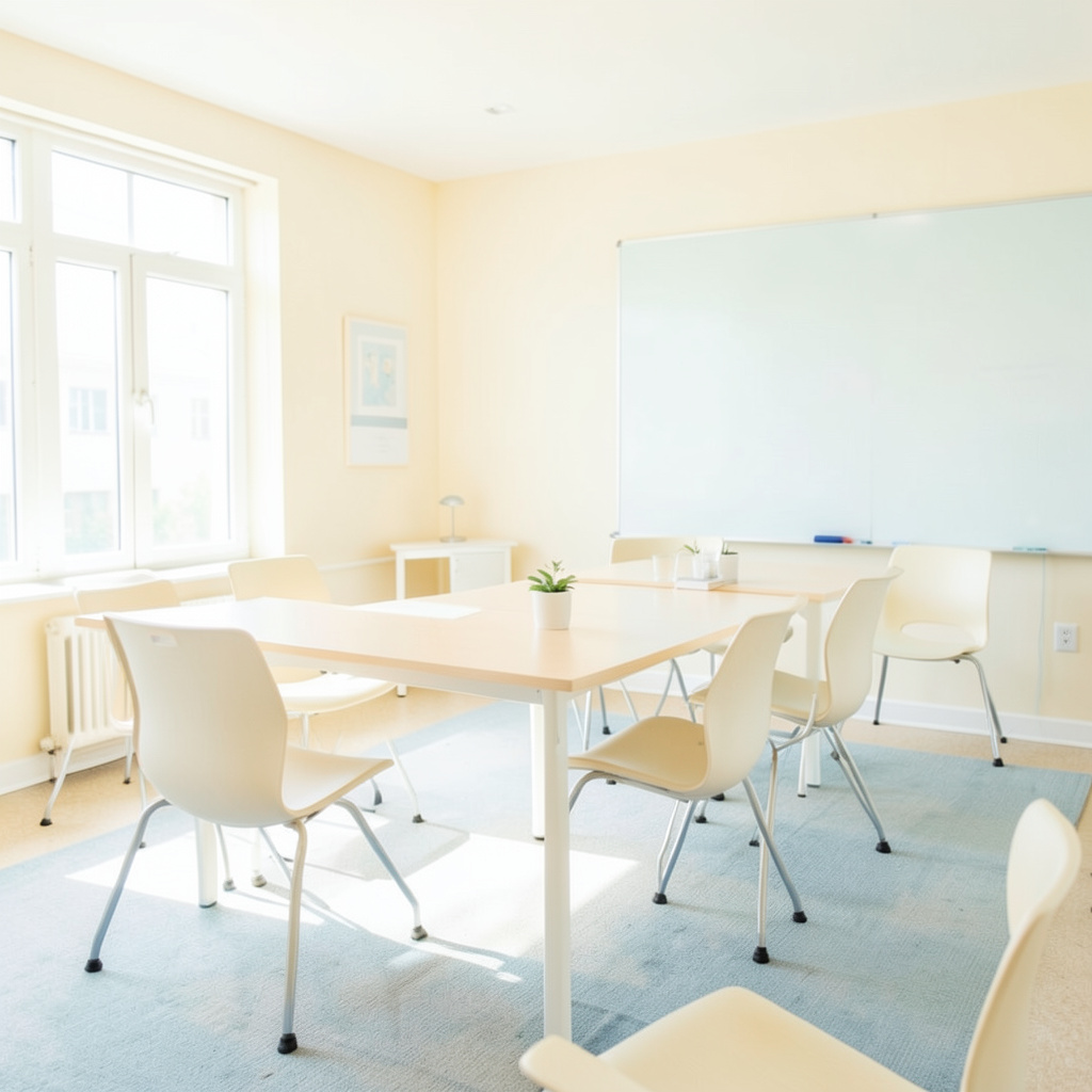 A bright, airy high-key photograph of an empty discussion space bathed in soft daylight, with warm cream and pale blue tones